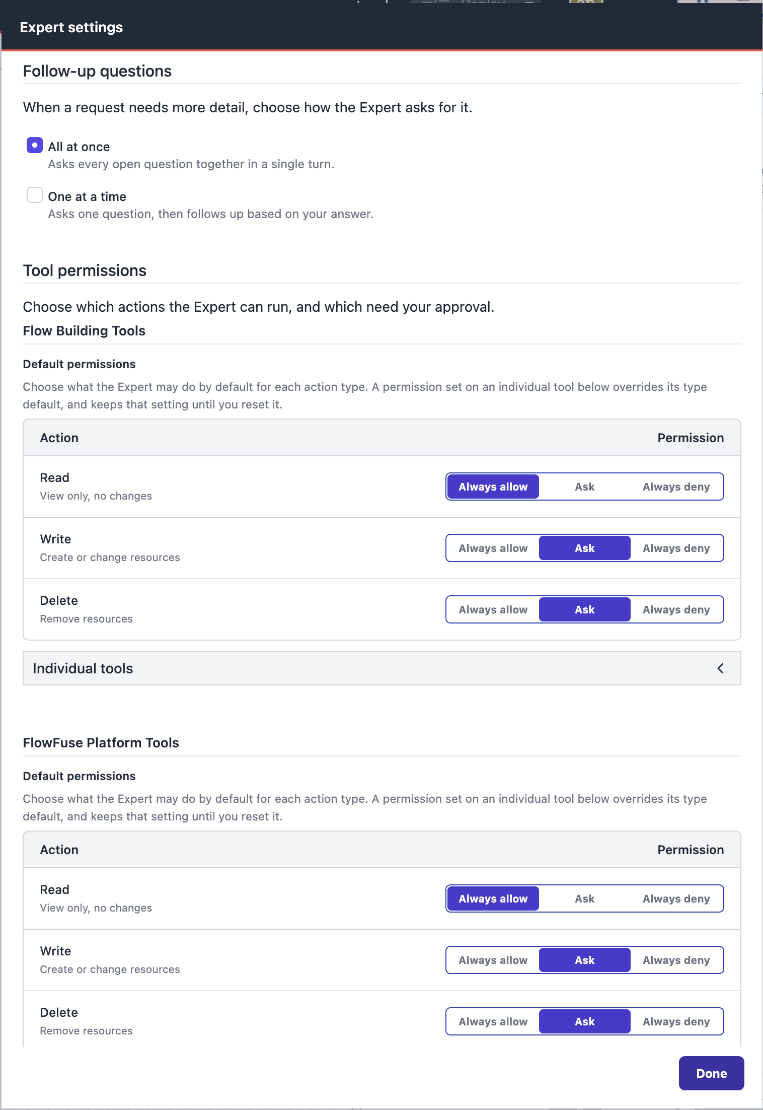 The Expert settings dialog showing follow-up question cadence and the tool permission defaults for each action type